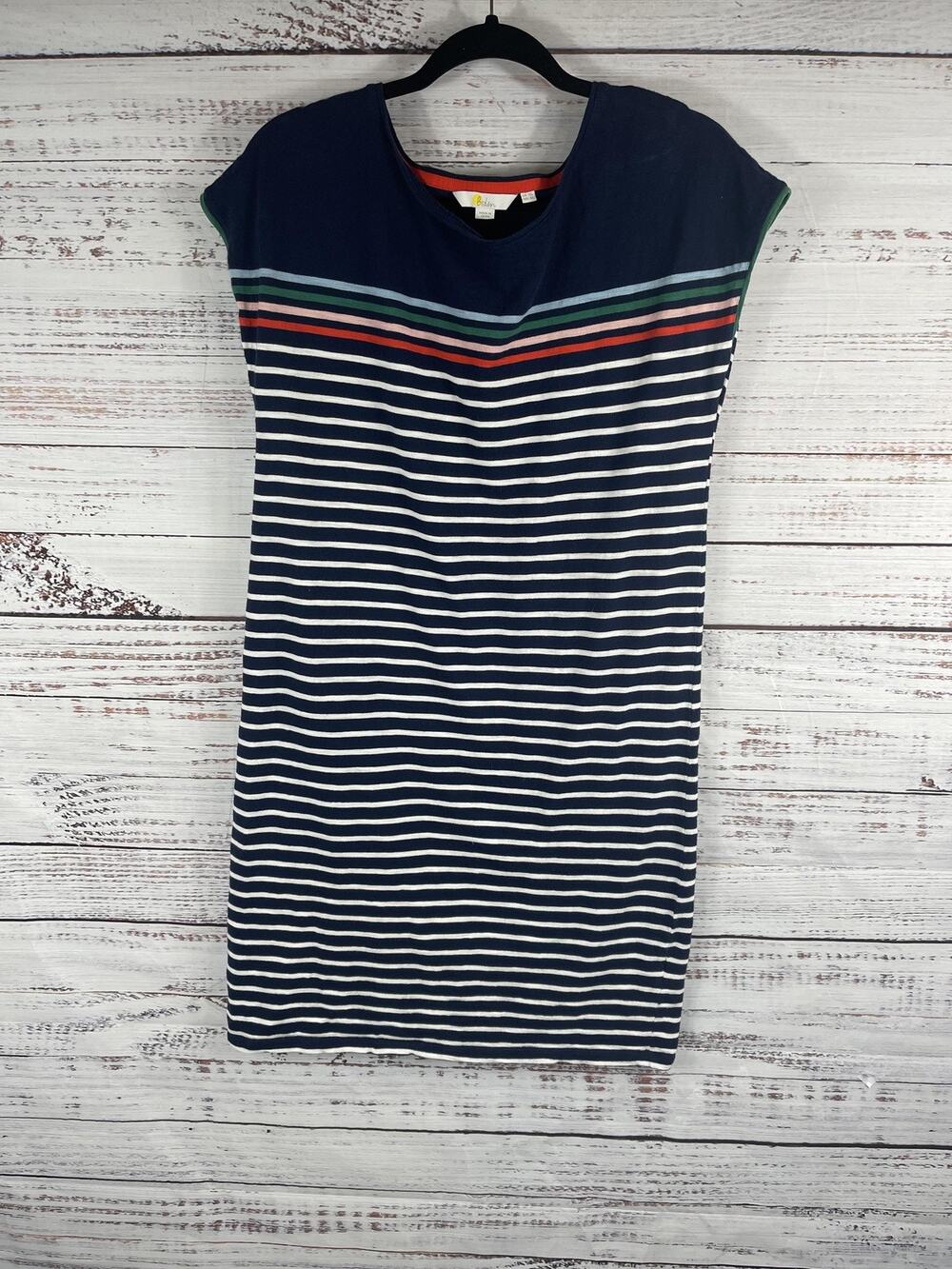 Boden Dress Womens 6 Long Navy White Multi Breton Stripe Jersey Cap Sleeve Shift